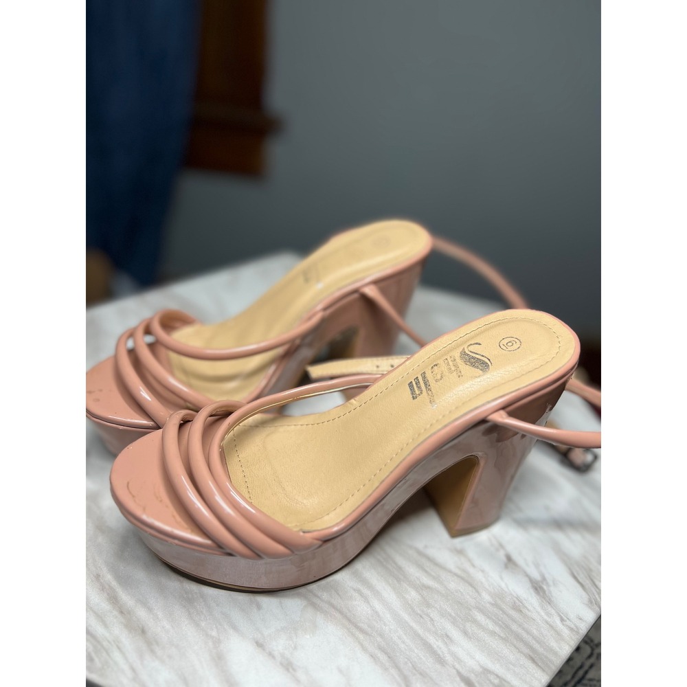 Shein Nude Pink Patent Platform Block Heel Strappy Sandals Size 6 - Picture 4 of 4